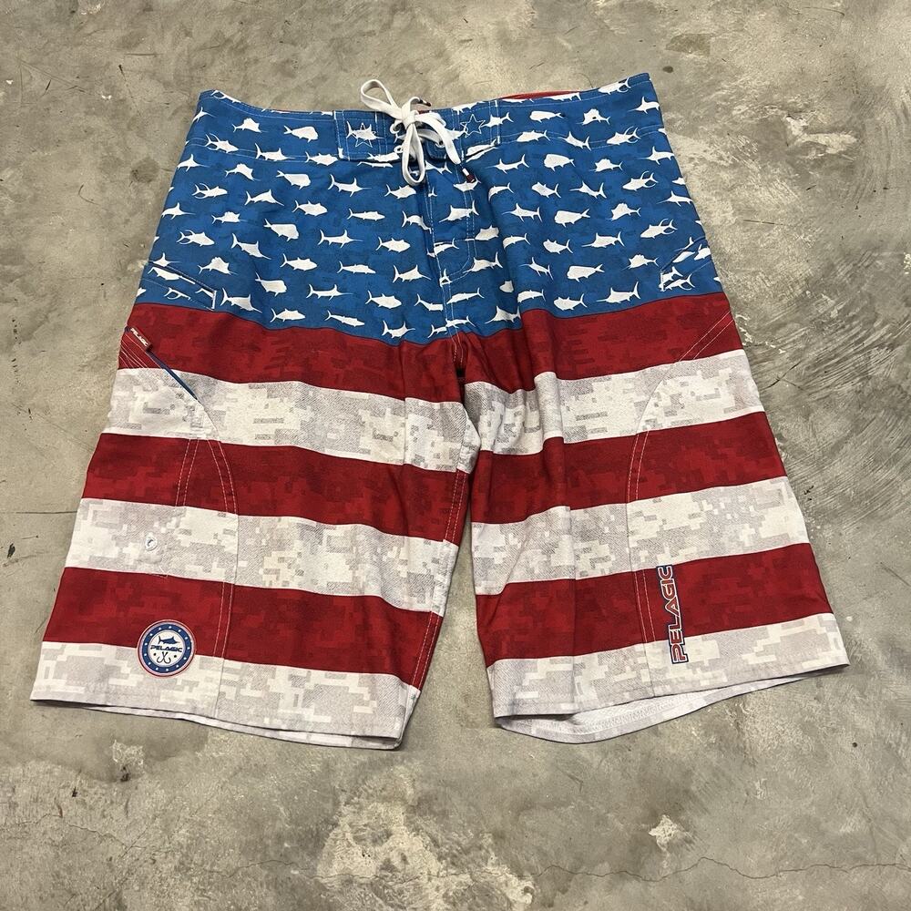 Pelagic Sharkskin Board Shorts Mens Size 32 11.5” Inseam America Flag Drawstring